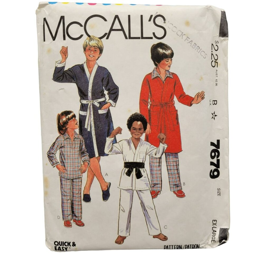 McCalls Pattern Boys Teen Boy Robe or Jacket Pajamas Size B X-Large 7679 UNCUT